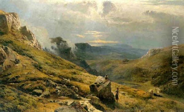 Guarding The Flocks In A Mountainous Landscape Oil Painting - Sidney Richard Percy