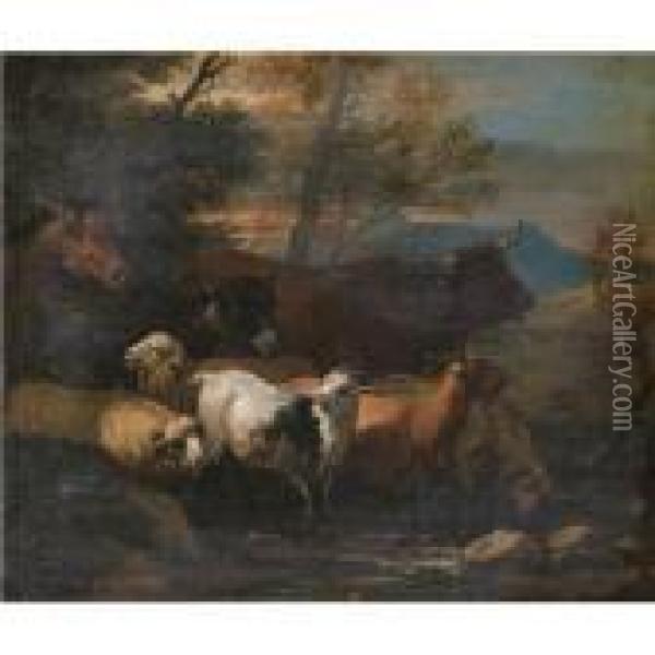 Italianate River Landscape With Sheep, Goats, A Donkey, A Bull And A Horse Oil Painting - Domenico Brandi