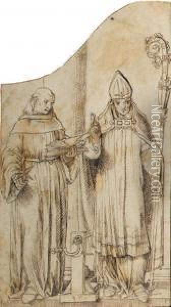 Saints Dominic And Erasmus By A Column: A Design For The Wing Of Analtarpiece Oil Painting - Pieter Pourbus