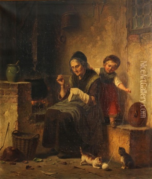 Playing With The Kitten Oil Painting - Hermann Werner