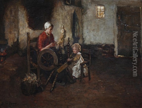 A Mother And Child In An Interior Oil Painting - Bernard de Hoog