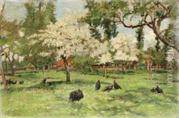 Turkeys In A Spring Grove Oil Painting - Auguste Durst