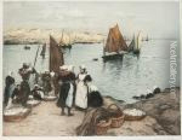 The Harbour (breton Women) Oil Painting - Manuel Robbe