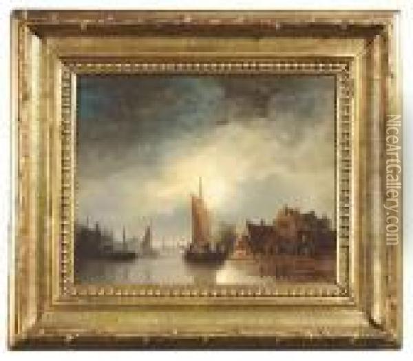 Van. Sailing Boat On A Dutch Canal At Moonlight Oil Painting - Elias Pieter van Bommel
