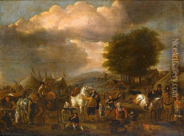 Horsemen Before A Military Encampment Oil Painting - Pieter Wouwermans or Wouwerman