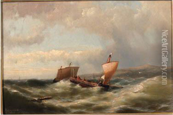 Sailors In A Barge On A Choppy Sea Off The Coast Oil Painting - Hermanus Jr. Koekkoek