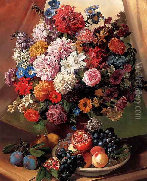 Roses, Morning Glory,Carnations, Peonies and Michaelmas Daisies in a Vase with Peaches, Grapes and a Pomegranate in a Bowl and Pears and Plums on a stone Ledge Oil Painting - Leopold van Stoll