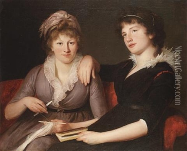 Portrait Of Two Women Seated, One In A Brown Dress Crocheting, The Other In A Black Dress, Holding A Book Oil Painting - John James Masquerier