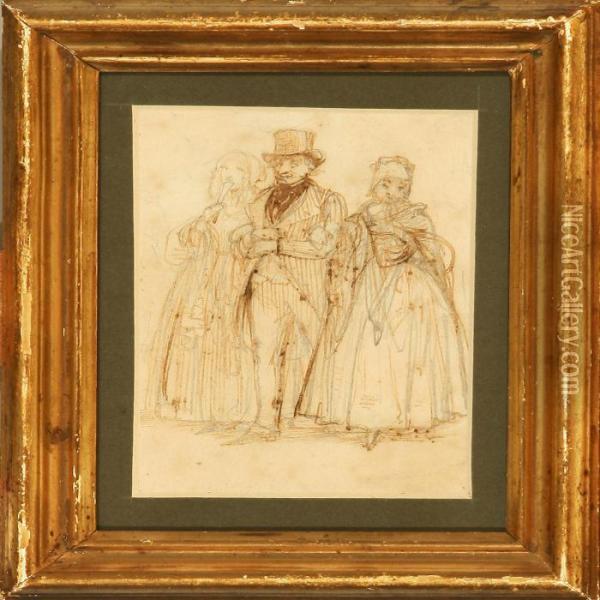 A Gentleman And Two Ladies Strolling Along Oil Painting - Wilhelm Marstrand
