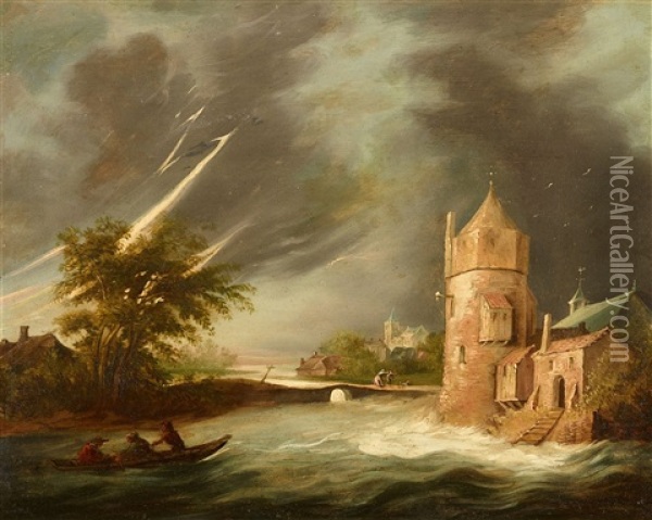 Stormy River Landscape With A Tower Oil Painting - Meindert Hobbema