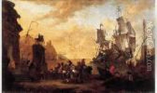 Navires Pres D'un Port Mediterraneen Oil Painting - Hendrik van Minderhout