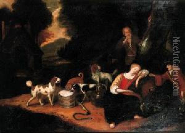 A Sportsman Teasing A Shepherdess Asleep At The Edge Of Awood Oil Painting - Adriaen Cornelisz. Beeldemaker
