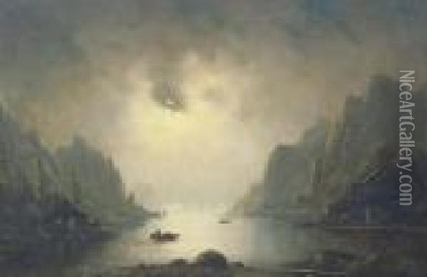 A Fjord By Moonlight Oil Painting - Nils Hans Christiansen