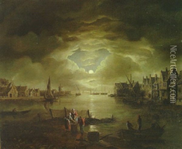 Moonlit River Landscape With Fisherfolk Gathering In Their Catch Oil Painting - Abraham Pether