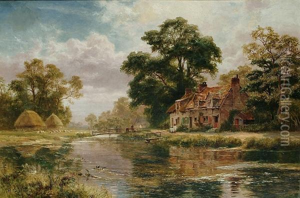 A River Landscape With Figures Before A Cottage Oil Painting - Robert Gallon