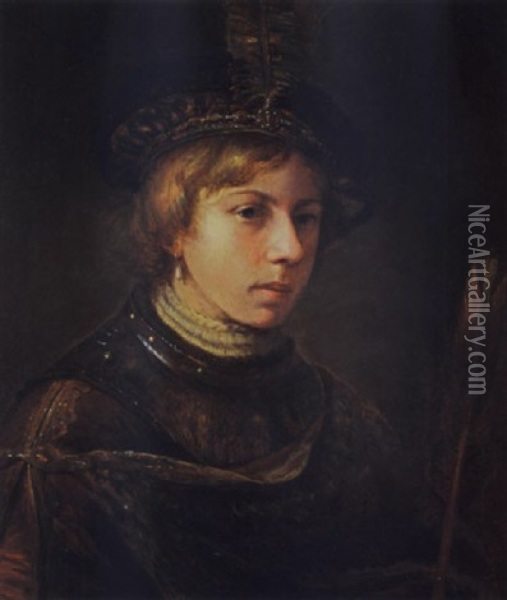 A Portrait Of A Young Man Wearing A Fantasy Costume And A Beret With A Feather, Holding A Feather In His Left Hand Oil Painting -  Rembrandt van Rijn