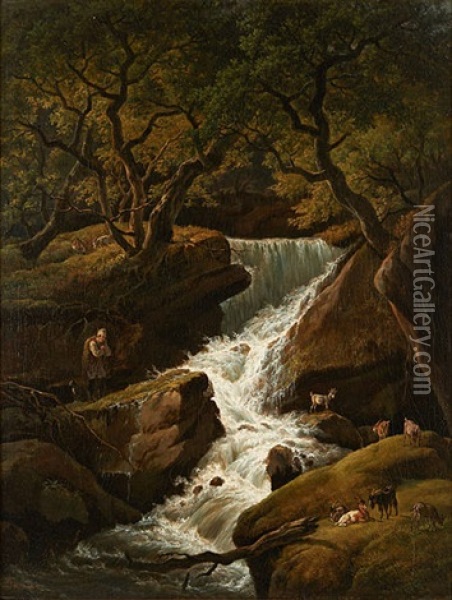 Berger Et Son Troupeau Separes Par Une Cascade Oil Painting - Hendrick Van Assche