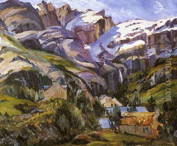 Houses at the Base of Snow Capped Mountains Oil Painting - George Gardner Symons
