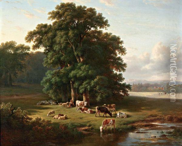 Zomerlandschap Met Rustende Herder En Vee Op De Voorgrond Oil Painting - Cornelis Kimmel