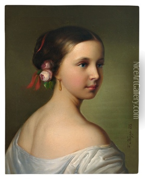 Portrait Eines Jungen Madchens Mit Rosenbluten Im Haar Und Goldenem Pendeloque Oil Painting - Friedrich Krepp