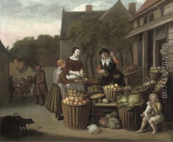A Woman And Child Purchasing Fruit At A Market Oil Painting - Jan Victors