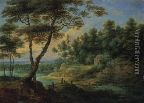 A Wooded River Landscape With Peasants Oil Painting - Lucas Van Uden