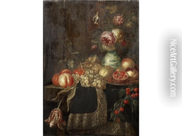 Roses And Other Flowers In A Kraak Porcelain Vase, On A Draped Table, With Pomegranates, Peaches, Cherries And Other Fruit Oil Painting - Harmen Loeding