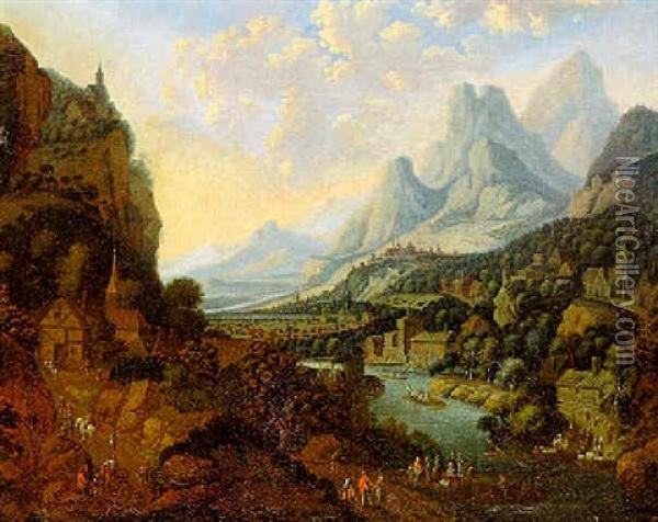 Weite Flusslandschaft Mit Figuren Oil Painting - Jan Griffier the Elder