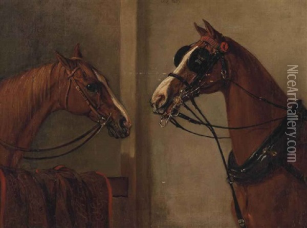 Head Study Of Carriage Horse And Hunter At A Stable Door Oil Painting - John Ferneley Jr.