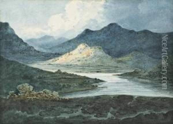 Sunrise Over The Lake District Watercolour With Scratching Out Oil Painting - William Pearson