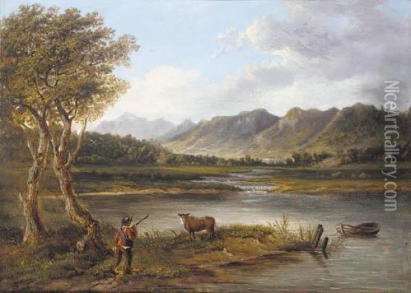 A Drover And A Cow In A Mountainous River Landscape Oil Painting - Patrick, Peter Nasmyth