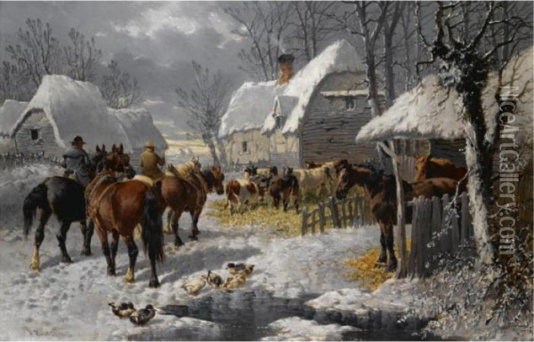 A Farmyard In The Snow Oil Painting - John Frederick Herring Snr