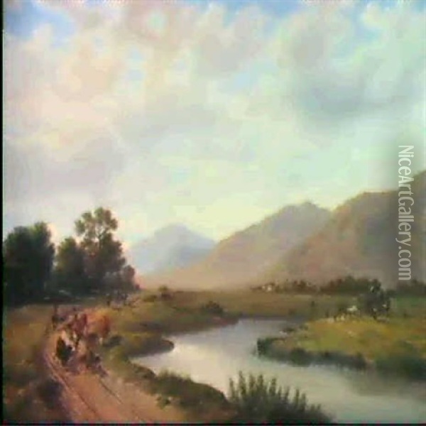 Flusslandschaft Mit Staffage- Figuren Oil Painting - Johann Rudolf Rapp
