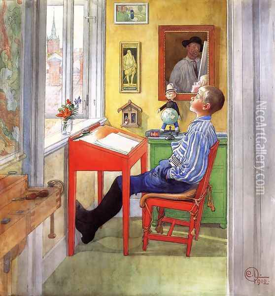 Esbjorn Doing His Homework Oil Painting - Carl Larsson