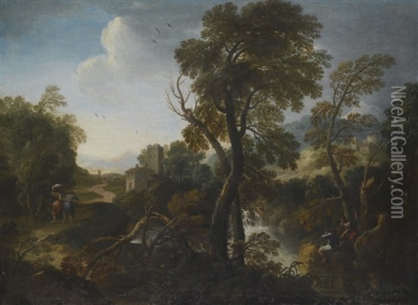 An Italianate Wooded River Landscape With Fishermen On The Bank Before A Waterfall, Travellers On A Path And A Shepherd With His Flock Beyond Oil Painting - Andrea Locatelli