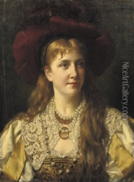Elegant Lady Wearing A Pearl Necklace Oil Painting - Jan Portielje