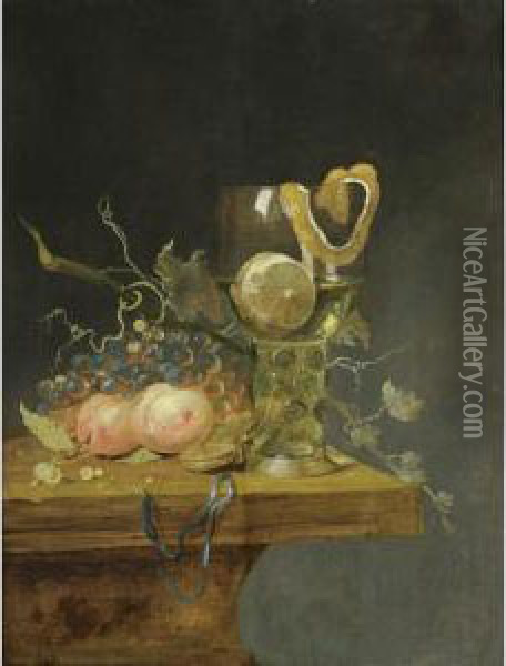A Still Life With A Roemer And A Peeled Lemon, Peaches, Grapes, A Watch, All On A Wooden Ledge Oil Painting - Gerard Van Berleborch