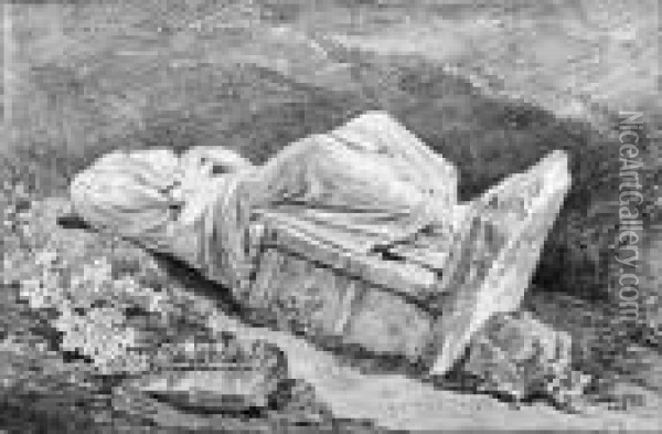 A Fallen Classical Statue Of A Female Figure Oil Painting - Hubert Robert