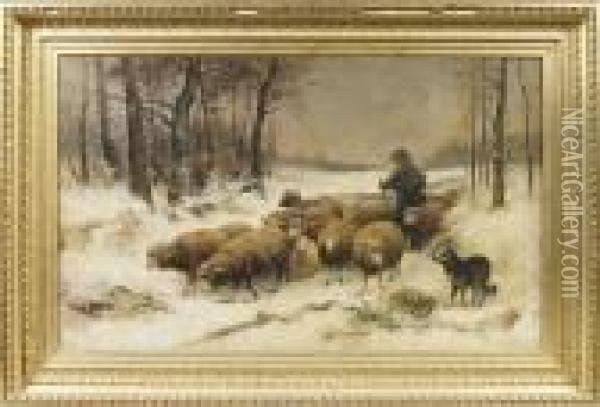 La Rentree Des Moutons Dans La Neige, Circa 1900 Oil Painting - Francois Pieter ter Meulen
