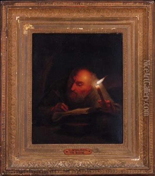 A Scribe Working By Candlelight Oil Painting - Godfried Schalcken