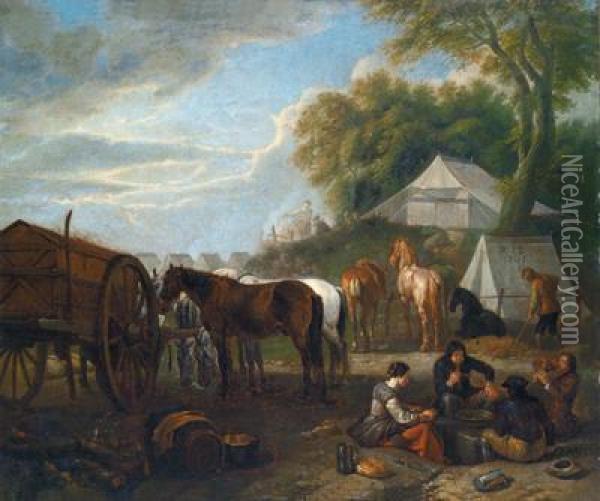 Paesaggio Boschivo Con Bivacco Notturno Di Viaggiatori E Cavalli Oil Painting - Pieter van Bloemen