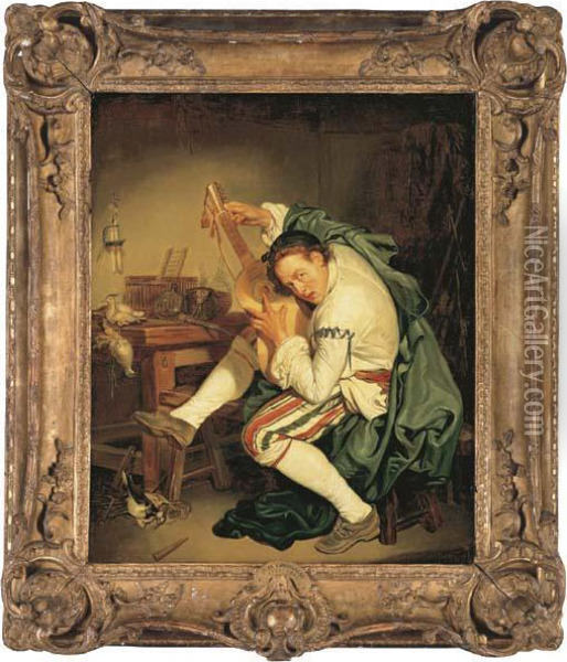 L'oiseleur: A Birdcatcher Tunes His Guitar Oil Painting - Jean Baptiste Greuze