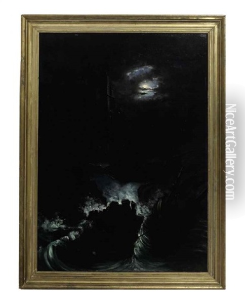 A Shipwreck By A Ruin Under The Moonlight Oil Painting - William Charles Anthony Frerichs