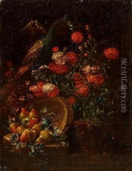 A Peacock Amid Carnations And 
Convolvulus Above An Upturned Basket Of Pears On A Stone Ledge Oil Painting - Bartolomeo Castelli Spadino