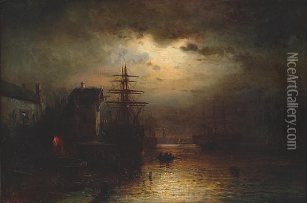 Moonlight In The Harbour, Calais, France Oil Painting - Markus Larsson