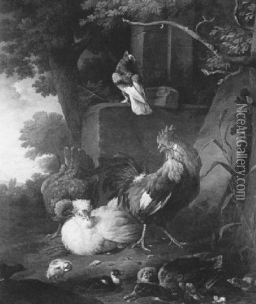 Ducks, Chickens And A Pigeon In A Landscape Oil Painting - Melchior de Hondecoeter