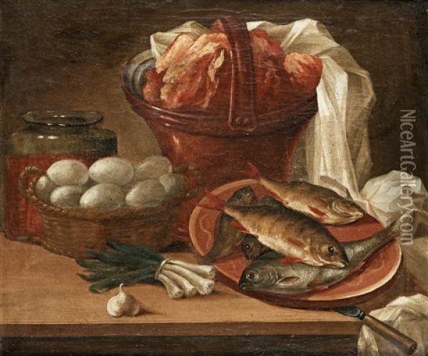 Stilleben Med Fisk, Agg Gronsaker Och Kott Oil Painting - Nicolas Henry Jeaurat De Bertry
