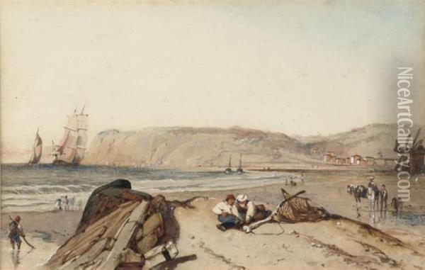 Figures By The Sea With Shipping In The Distance Oil Painting - William Clarkson Stanfield