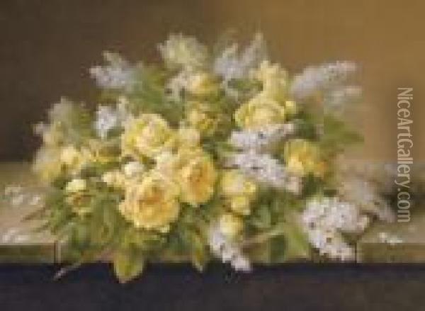 Yellow Roses And Lilacs Oil Painting - Raoul Maucherat de Longpre