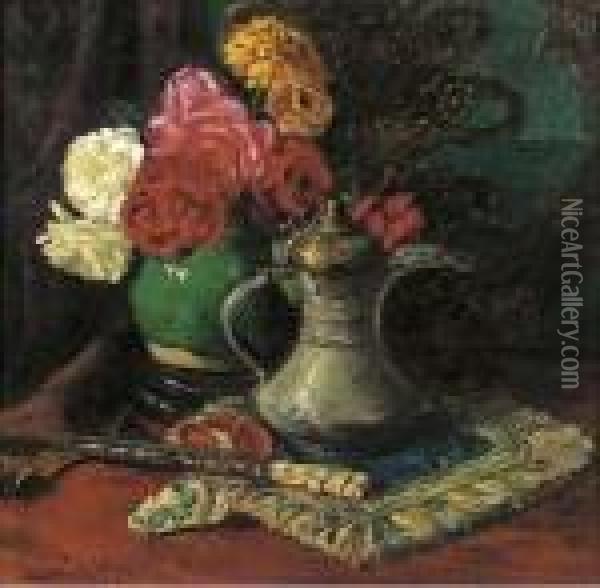 Roses In A Chinese Jar Amongst Oriental Objects Oil Painting - Willem Roelofs